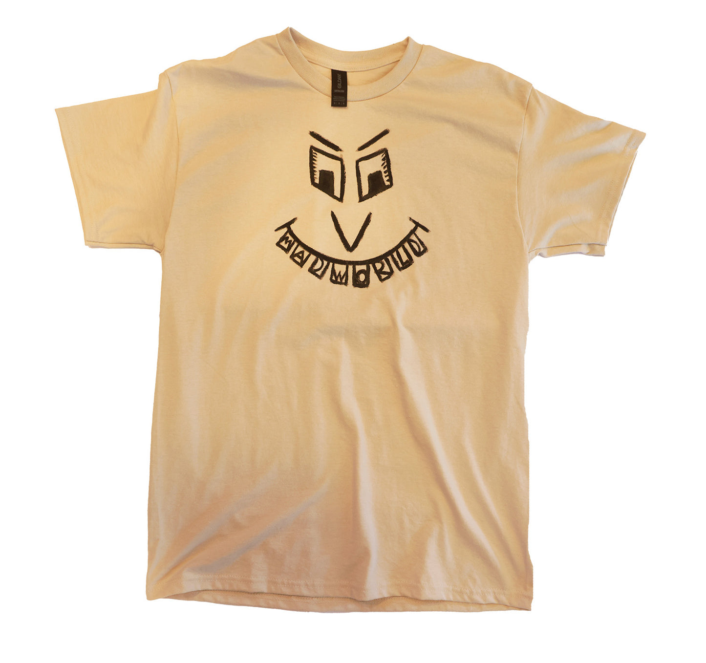 Beige t-shirt with black graphic design on a white background