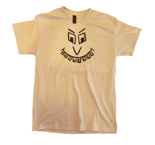 Beige t-shirt with black graphic design on a white background